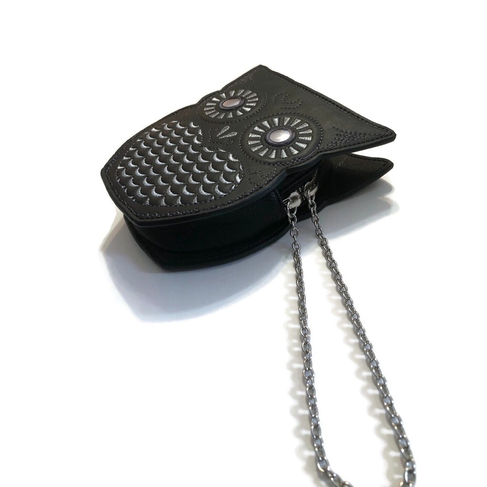 BCBG Max Azria Bag Womens Black Faux Leather Embroidered Owl Chain Zip Wristlet - Picture 7 of 9